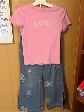 Pink top and flower jeans set